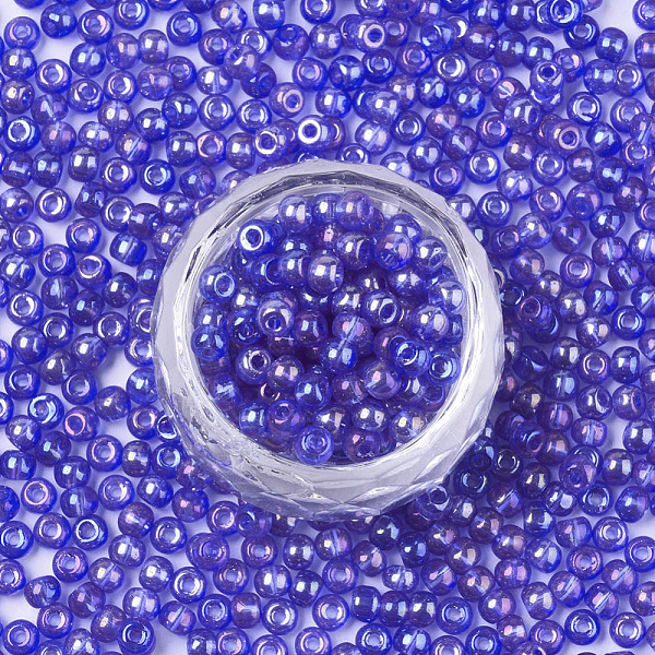 

PandaHall Glass Beads, Transparent Colours Rainbow, Round, Blue, 4x3mm, Hole: 1mm, about 4500pcs/bag Glass Round Blue