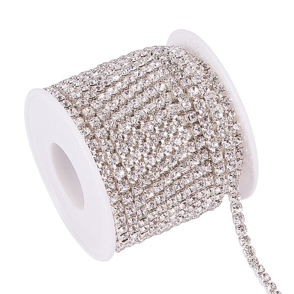 

PandaHall Brass Rhinestone Strass Chains, with Spool, Rhinestone Cup Chains, Silver Color Plated, Crystal, 3.5mm, about 10yards/roll...