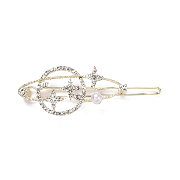 

PandaHall Alloy Crystal Rhinestone Hair Barrettes, with Plastic Beads, Star & Planet, Light Gold, 63x22.5x7.5mm Alloy