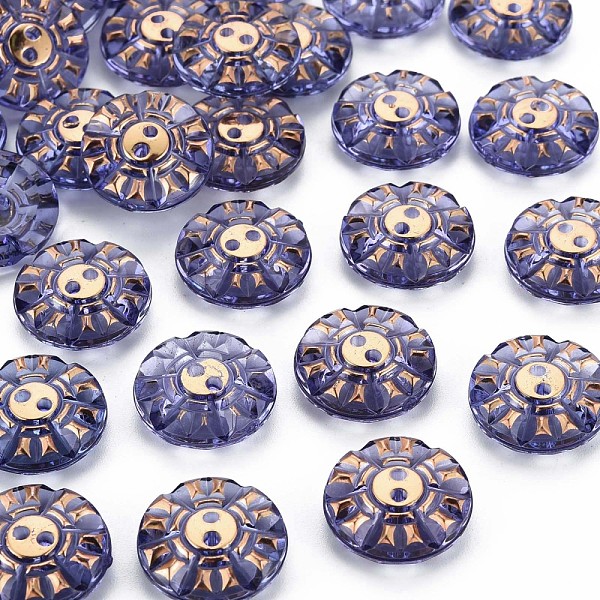 PandaHall 2-Hole Plastic Buttons, with Golden Plated, Flat Round with Flower Pattern, Slate Blue, 18x5mm, Hole: 1.8mm Plastic Flat Round