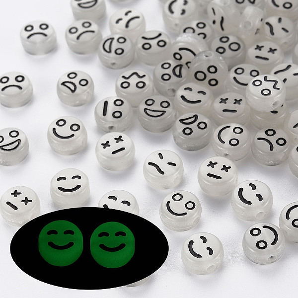 

PandaHall Luminous Acrylic Beads, Horizontal Hole, Flat Round with Black Expression, White, 7x3.5mm, Hole: 1.5mm Acrylic Flat Round White