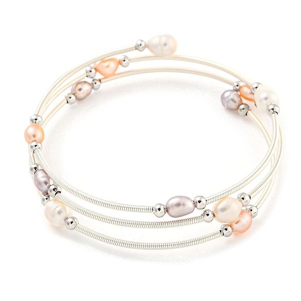 

PandaHall Four-Loops Brass & Natural Freshwater Pearl Beaded Wrap Bracelets for Women, Silver, Inner Diameter: 1-7/8 inch(4.8cm) Pearl