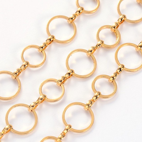 

PandaHall Brass Chains, Unwelded, with Spool, Golden, about 8 and 10mm in diameter, 1mm thick, about 32.8 Feet(10m)/roll Brass