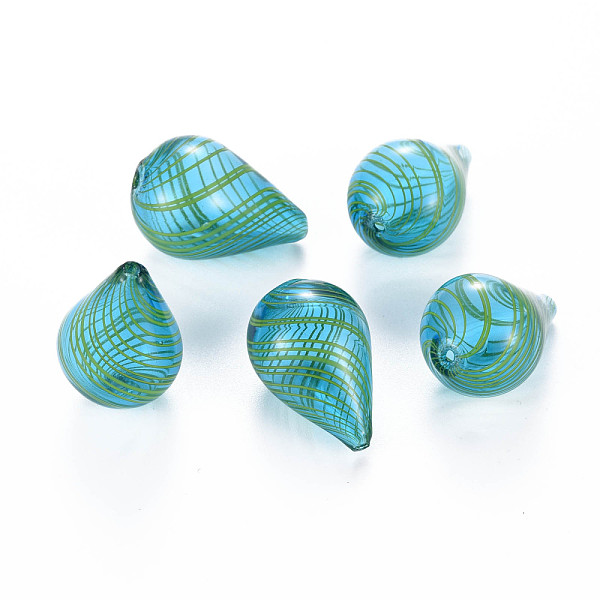 

PandaHall Transparent Handmade Blown Glass Globe Beads, Stripe Pattern, Teardrop, Medium Turquoise, 28~29.5x18.5~19.5mm, Hole: 1.2~2.2mm...