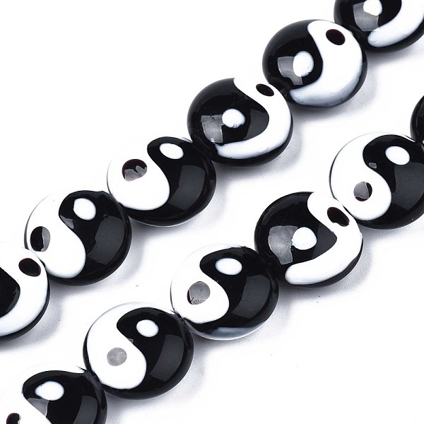 

PandaHall Handmade Lampwork Beads Strands, Flat Round with Tai Ji, Black & White, 17x8.5mm, Hole: 1.2mm, about 30pcs/strand, 18.90 inch...