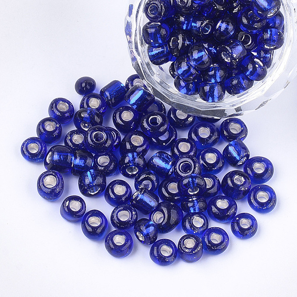 

PandaHall Glass Seed Beads, Silver Lined, Round, Dark Blue, 5~6x3~5mm, Hole: 1.2~2mm, about 2500pcs/bag Glass Blue