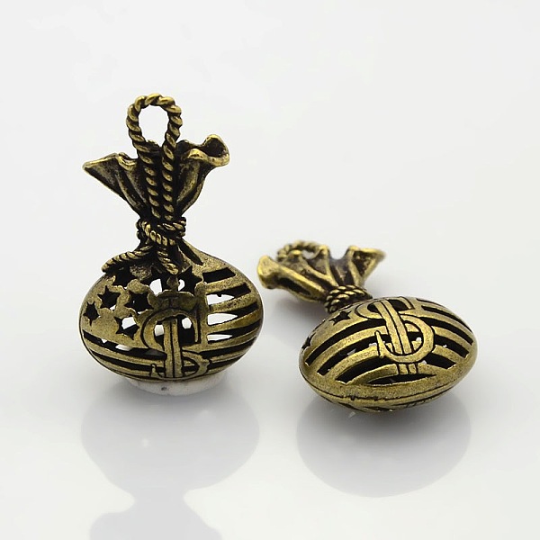 

PandaHall Hollow Tibetan Style Alloy Pendants, Lucky Bag with Dollar Sign, Nickel Free, Antique Bronze, 39x22x12mm, Hole: 3x5mm Alloy Bag