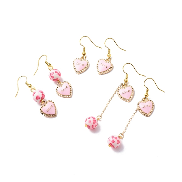 

PandaHall 3 Pairs 3 Style Pink Alloy Enamel Charms & Resin Beads Dangle Earrings, Valentine Theme Brass Jewelry for Women, Golden, Word...