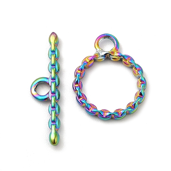 

PandaHall Ion Plating(IP) 304 Stainless Steel Toggle Clasps, Twist Ring, Rainbow Color, Ring: 17x13.5x2mm, Hole: 2.5mm, 10.5mm inner...