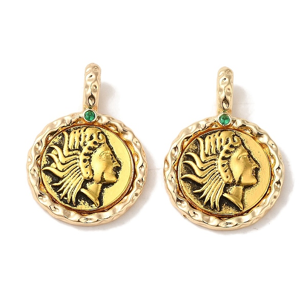 

PandaHall Brass Pendants, Flat Round with Antique Golden Women, Real 18K Gold Plated, 27x19x3mm, Hole: 3x5mm Brass Round