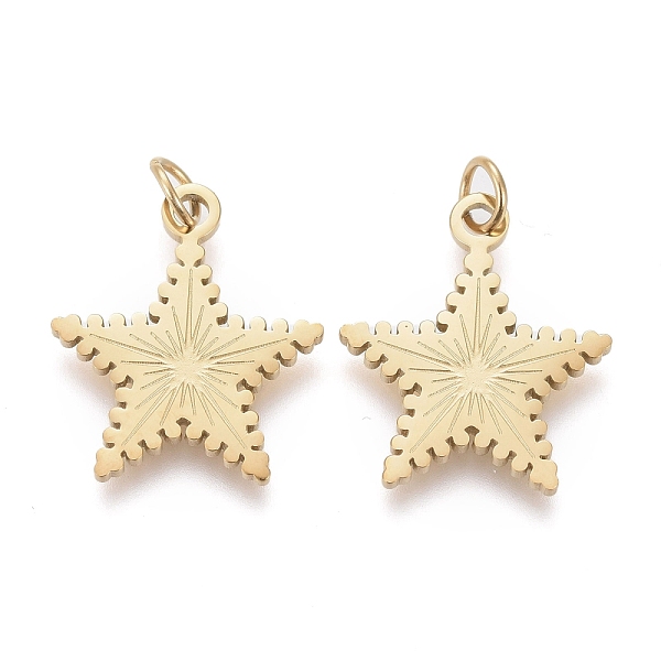

PandaHall Ion Plating(IP) 304 Stainless Steel Pendants, with Jump Ring, Laser Cut, Star, Golden, 14x12x0.8mm, Jump Ring: 3.5x0.5mm, 2.5mm...