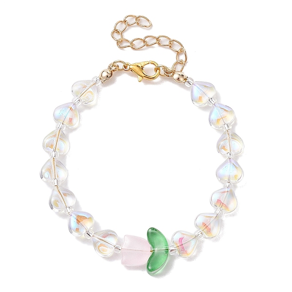 

PandaHall Glass Beaded Bracelets, with Alloy Jewely for Women, Flower & Heart, Clear AB, 7-1/8 inch(18cm) Glass Flower White