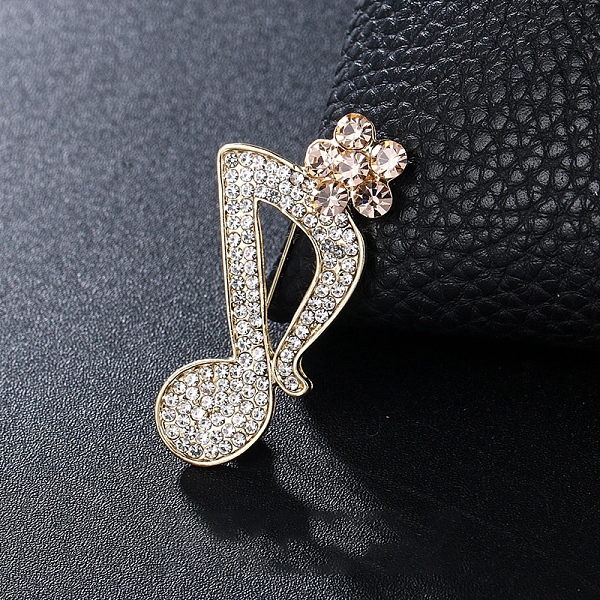 PandaHall Rhinestone Music Note Brooch Pin, Light Gold Alloy Badge for Backpack Clothes, Juicy Peach, 47x22mm Alloy+Rhinestone Pink