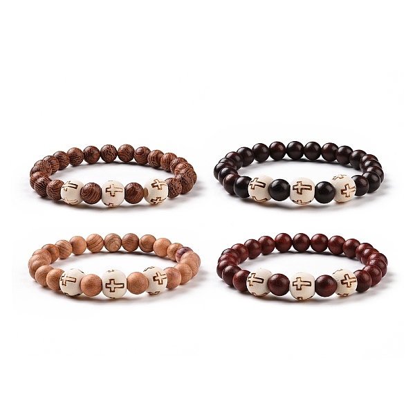 

PandaHall 4Pcs Cross Pattern Wood Beads Stretch Bracelets Set for Women Men, Mixed Color, Inner Diameter: 2-1/4 inch(5.6cm) Wood Multicolor