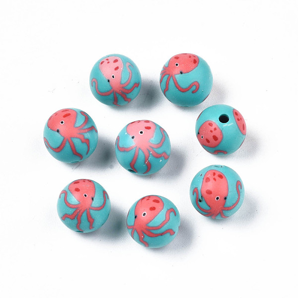 

PandaHall Handmade Polymer Clay Beads, Round with Octopus, Dark Turquoise, 9.5~10.5x9.5mm, Hole: 1.4mm Polymer Clay Round