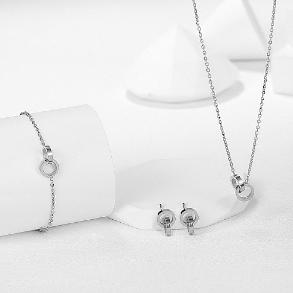 

PandaHall Stainless Steel Double Interlocking Ring Jewelry Set, Link Bracelets & Dangle Stud Earrings & Pendant Necklaces, Stainless Steel...