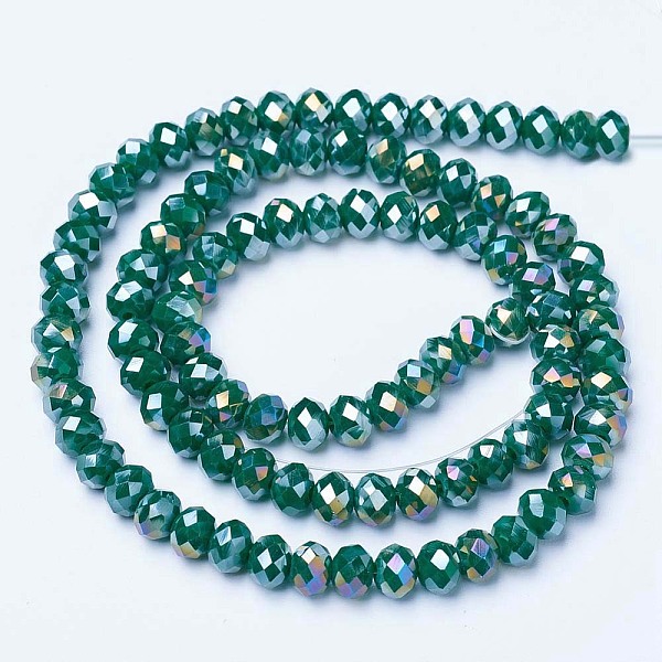 

PandaHall Electroplate Glass Beads Strands, Opaque Solid Color, AB Color Plated, Faceted, Rondelle, Dark Green, 6x5mm, Hole: 1mm, about...