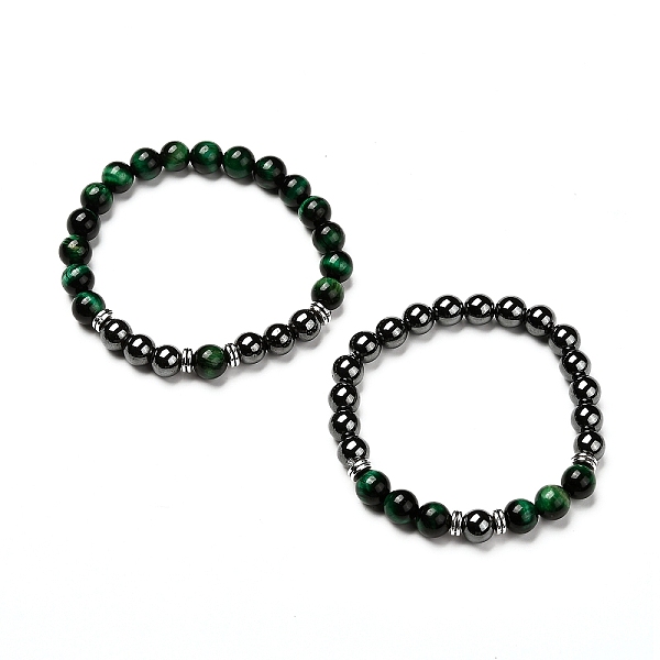 

PandaHall Natural Tiger Eye(Dyed) Beads Stretch Bracelets Set, with Non-Magnetic Synthetic Hematite Beads, Green, Inner Diameter: 2 inch...