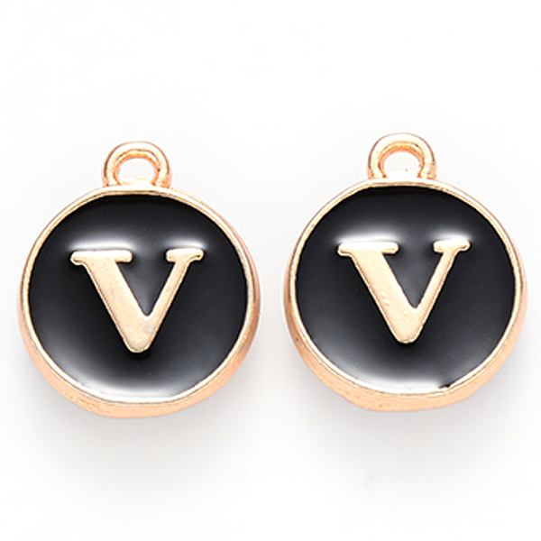 

PandaHall Golden Plated Alloy Charms, Cadmium Free & Lead Free, with Enamel, Enamelled Sequins, Flat Round with Letter, Black, Letter.V...