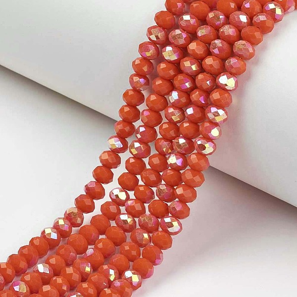 

PandaHall Electroplate Opaque Solid Color Glass Beads Strands, Half Rainbow Plated, Faceted, Rondelle, Orange Red, 6x5mm, Hole: 1mm, about...