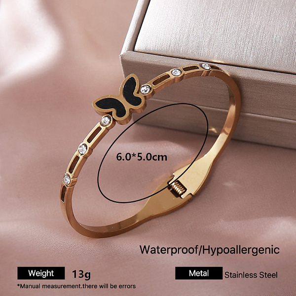 Bracciale rigido con chiusura a cerniera da donna in acciaio inossidabile 304 con smalto nero e strass di cristallo