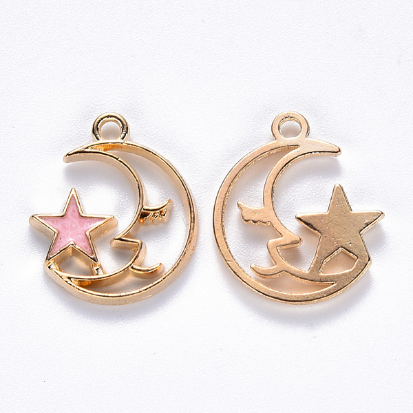 

PandaHall Alloy Enamel Pendants, Moon with Star, Light Gold, Pink, 19x17x2mm, Hole: 1.6mm Alloy+Enamel Moon Pink