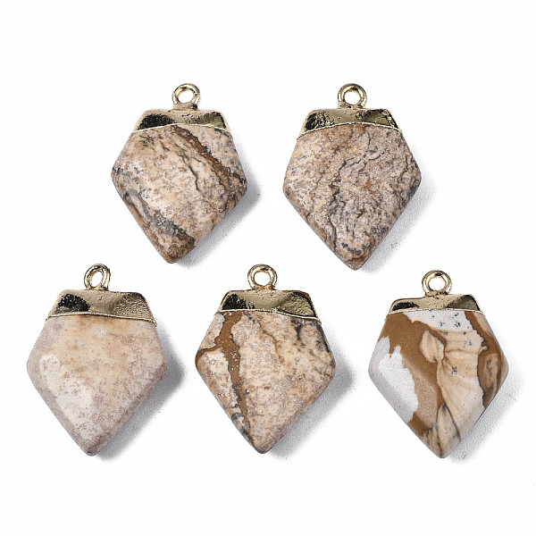 

PandaHall Natural Picture Jasper Pendants, with Golden Brass Findings and Iron Loop, Rack Plating, Faceted, Shield, 25~26x17~18x5.5~6.5mm...