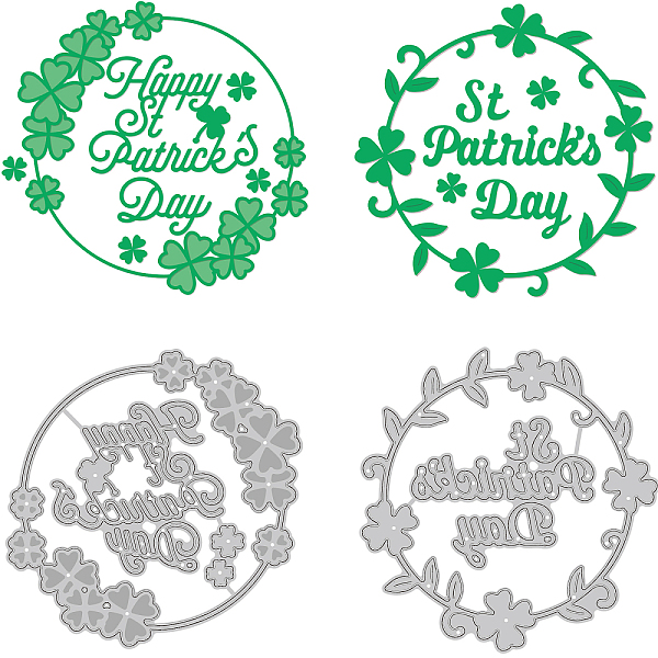 PandaHall BENECRAET 2 Styles Happy Saint Patrick's Day Carbon Steel Cutting Dies Stencils, Four Leaf Clover Wreath for DIY Scrapbooking
