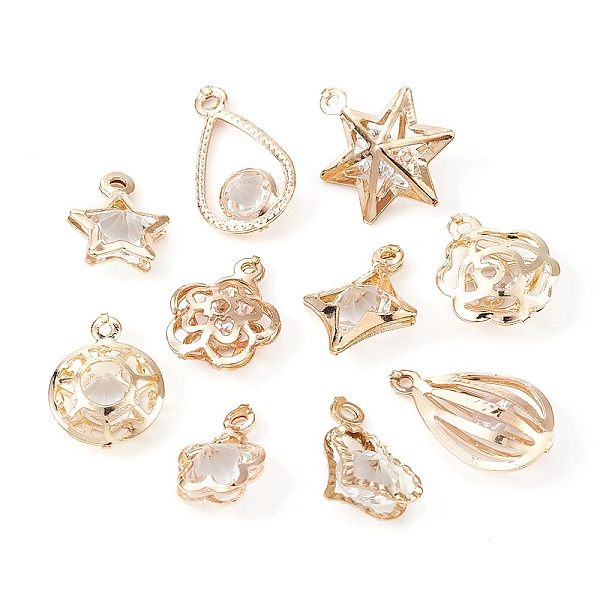 

PandaHall 100Pcs 10 Styles Rack Plating Eco-Friendly Iron Charms, with Crystal Rhinestone, Flower & Heart & Rhombus & Star & Teardrop Charms...