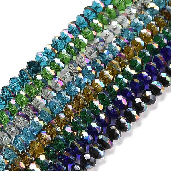 

PandaHall Transparent Electroplate Glass Beads Strands, Faceted, Rondelle, Half Rainbow Plated, Mixed Color, 7.5~8x6.5~7mm, Hole: 1.4mm..., Multicolor
