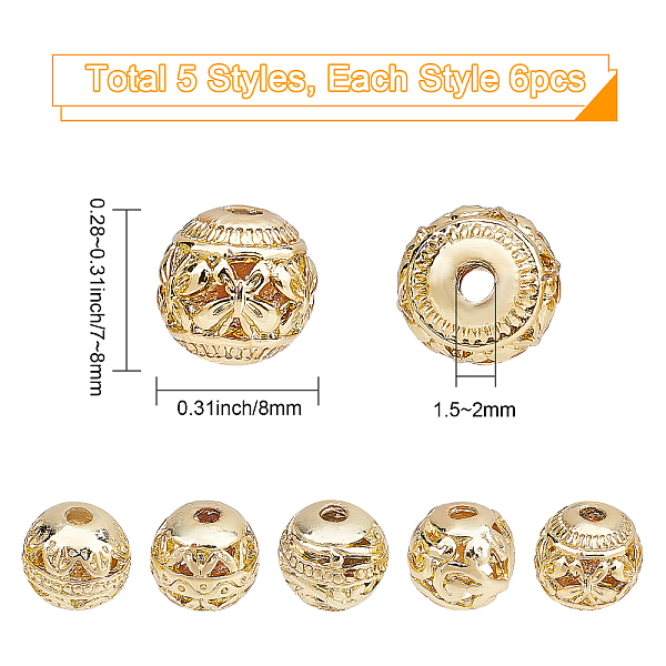 

PandaHall CREATCABIN 30Pcs 5 Style Alloy Hollow Beads, Round, Cadmium Free & Lead Free, Real 18K Gold Plated, 30pcs/box Alloy Round