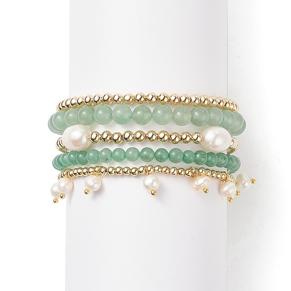 

PandaHall 5Pcs 5 Style Natural Green Aventurine & Brass Beaded Stretch Bracelets Set, Natural Pearl Charms Stackable Bracelets for Women...
