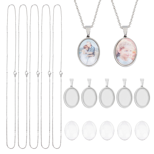 

PandaHall UNICRAFTALE 5 Sets DIY Oval Blank Dome Necklace Making Kit Stainless Steel Cable Chain Necklaces Blank Pendant Cabochons Setting...