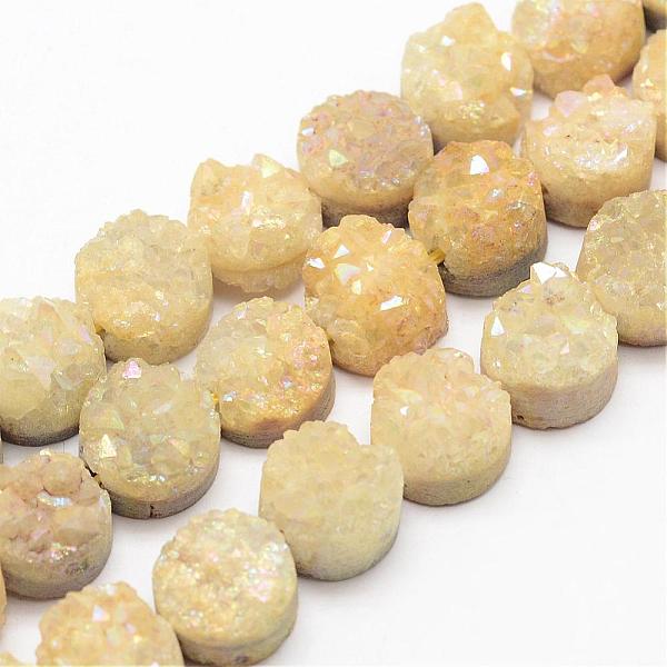 

PandaHall Electroplated Natural Druzy Quartz Crystal Bead Strands, Flat Round, Dyed, Champagne Yellow, 7~12x5~10mm, Hole: 1.5mm, about...