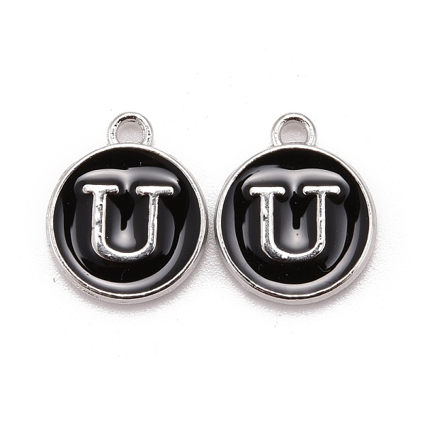 

PandaHall Platinum Plated Alloy Charms, Cadmium Free & Lead Free, with Enamel, Enamelled Sequins, Flat Round with Letter, Letter.U..., Black