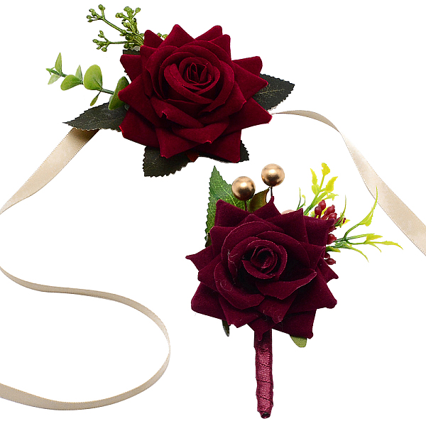 PandaHall CRASPIRE 2 Pieces Red Wrist Corsage Wedding Flowers Accessories Artificial Rose Wrist Boutonniere Buttonholes Rose Wrist Corsage...