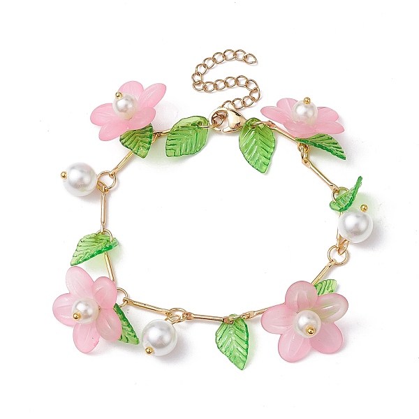 

PandaHall Acrylic Flower & Glass Pearl Charm Bracelets, with Brass Chains, Pink, 6-7/8~7-1/8 inch(17.5~18cm) Brass Flower Pink