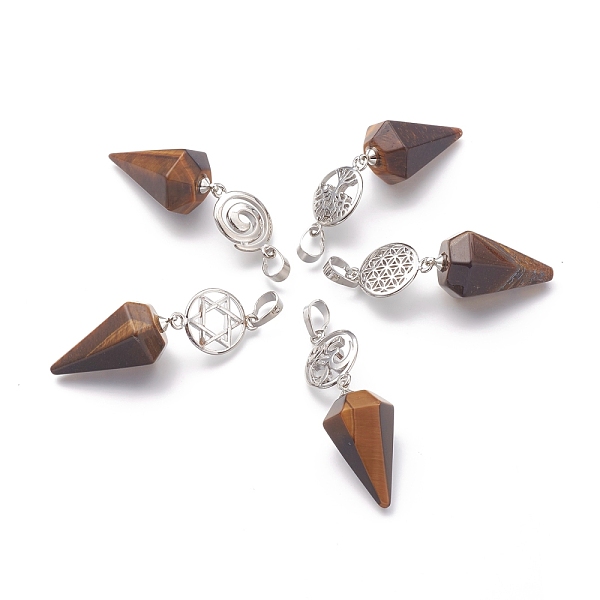 

PandaHall Natural Tiger Eye Pendants, with Platinum Brass Snap on Bails, Votex/Om Symbol/Tree of Life/Flower of Life/Star of David, Cone...