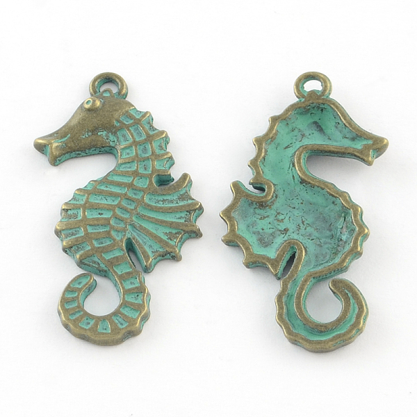 

PandaHall Zinc Alloy SeaHorse Pendants, Cadmium Free & Lead Free, Antique Bronze & Green Patina, 38x20x2mm, Hole: 2mm Alloy Sea Horse