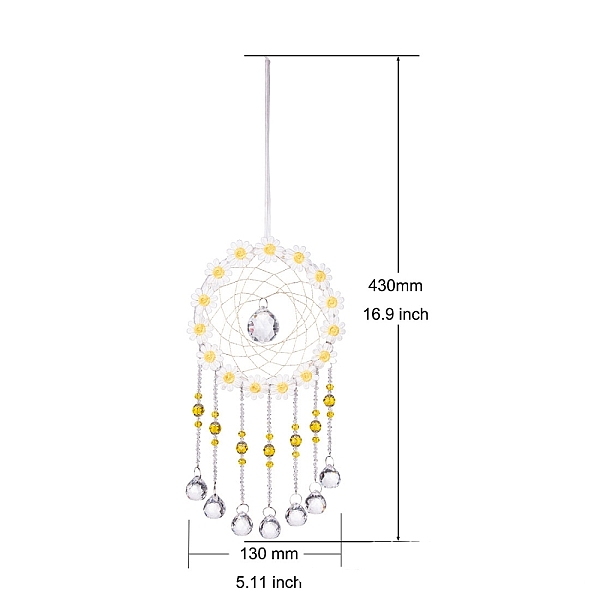 

PandaHall Woven Web/Net with Glass Round Pendant Decorations, for Home Hanging Decorations, Yellow, 430x130mm Glass Round Yellow