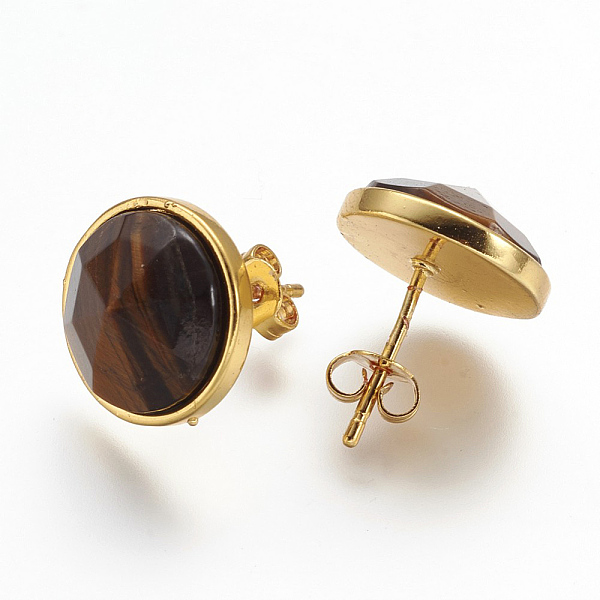 

PandaHall Natural Tiger Eye Ear Studs, with Brass Findings, Golden, Flat Round, 15mm, Pin: 0.8mm Tiger Eye