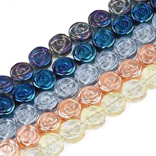 

PandaHall Electroplate Glass Beads Strand, Flat Round with Rose Flower, Mixed Color, 10x4mm, Hole: 0.9mm, about 65~66pcs/strand, 24.80 inch~..., Multicolor