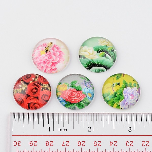 

PandaHall Glass Cabochons, Flower Printed, Flatback Half Round/Dome, Mixed Color, 25x7mm, about 50pcs/box Glass Other Plants Multicolor