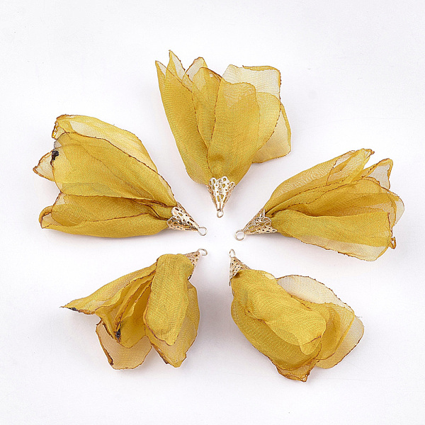 

PandaHall Polyester Big Pendants, with Iron Findings, Flower, Light Gold, Goldenrod, 63~67x10mm, Hole: 1.5~2mm Polyester Flower Gold