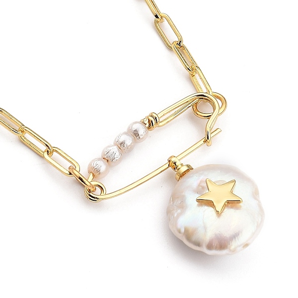 

PandaHall Natural Pearl Pendant Necklaces, with Shell Pearl Beads, Brass Brooch Findings and Cardboard Box, Flat Round with Star, Golden...