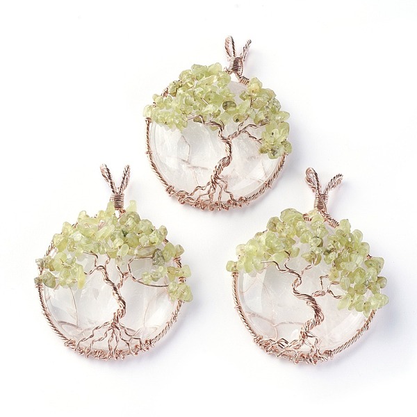 

PandaHall Natural Quartz Crystal & Peridot Big Pendants, with Rose Gold Tone Brass Findings, Flat Round with Tree of Life...