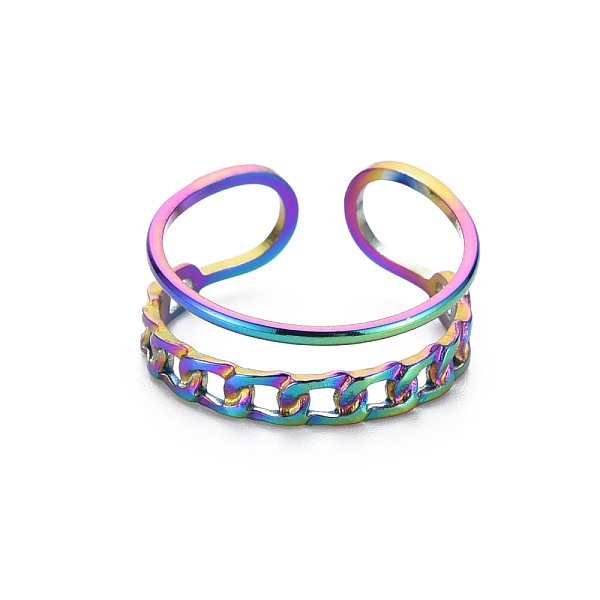 

PandaHall Rainbow Color 304 Stainless Steel Curb Chain Shape Cuff Ring, Hollow Open Ring for Women, US Size 9 1/2(19.3mm) 304 Stainless...
