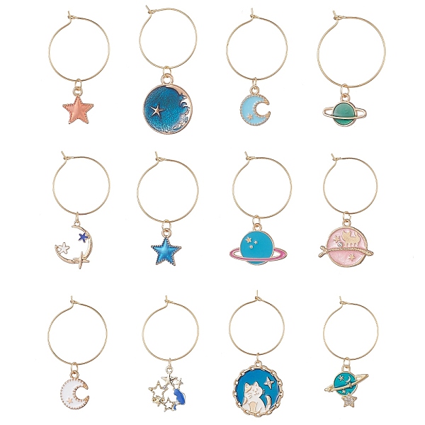 

PandaHall Alloy Enamel Wine Glass Charms, Planet & Star & Moon, Mixed Color, 43~56x24~25mm, 12pcs/set Alloy Mixed Shapes Multicolor