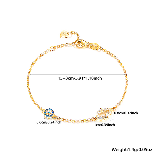 

PandaHall S925 Sterling Silver Evil Eye Link Bracelet, Full Rhinestones Eyes Series for Women, Golden Sterling Silver Evil Eye