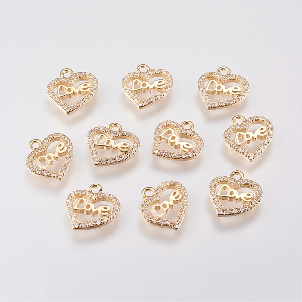 

PandaHall Brass Micro Pave Cubic Zirconia Charms, Heart with Word Love, For Valentine's Day, Nickel Free, Real 18K Gold Plated, 11x10x1.5mm..., Clear